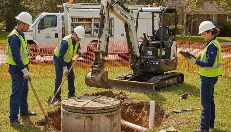 Providence, RI plumber inspecting septic repair system for local home service