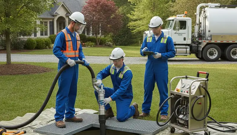 Providence, RI septic repair technician inspecting residential plumbing system for on-call service