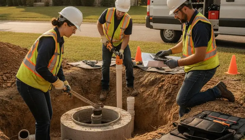 Providence, RI plumbers inspecting a septic repair system for a home service call