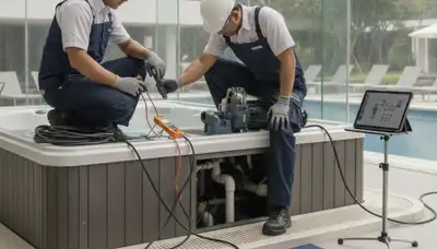 Providence, RI plumbers repairing a home spa for reliable year-round service