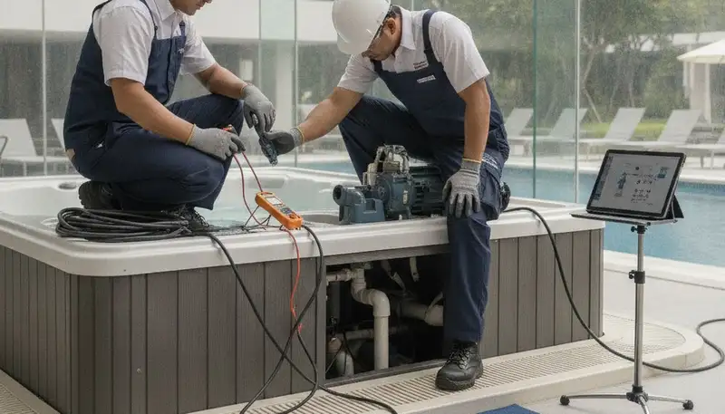 Providence, RI plumbers repairing a home spa for reliable year-round service