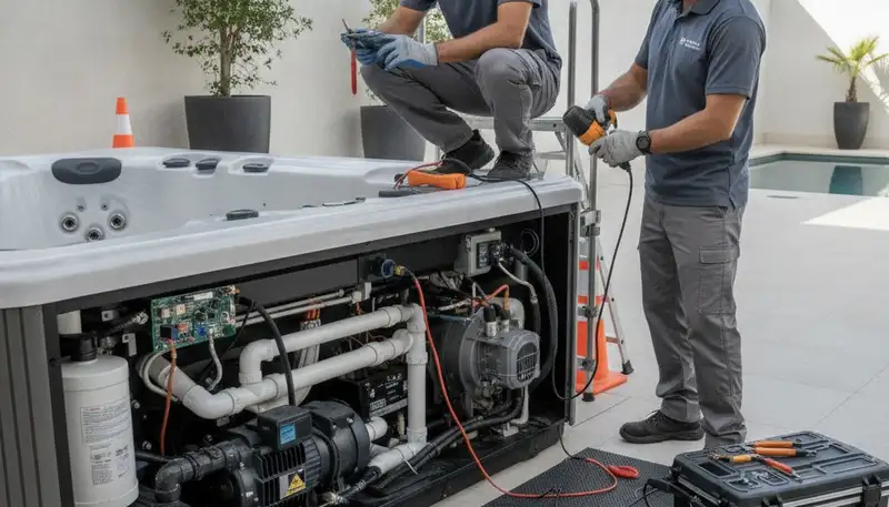 Providence, RI plumbers repairing a spa to keep it running smoothly for home service customers