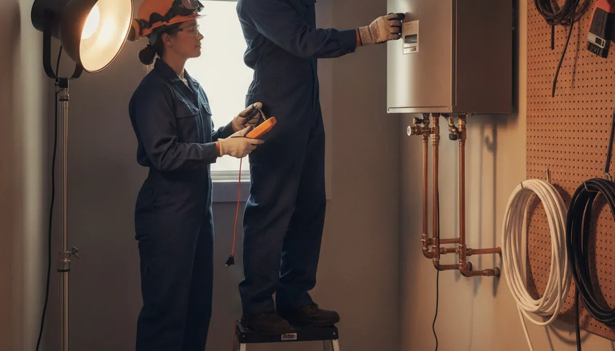 Providence, RI plumber installing a tankless water heater for reliable hot water service