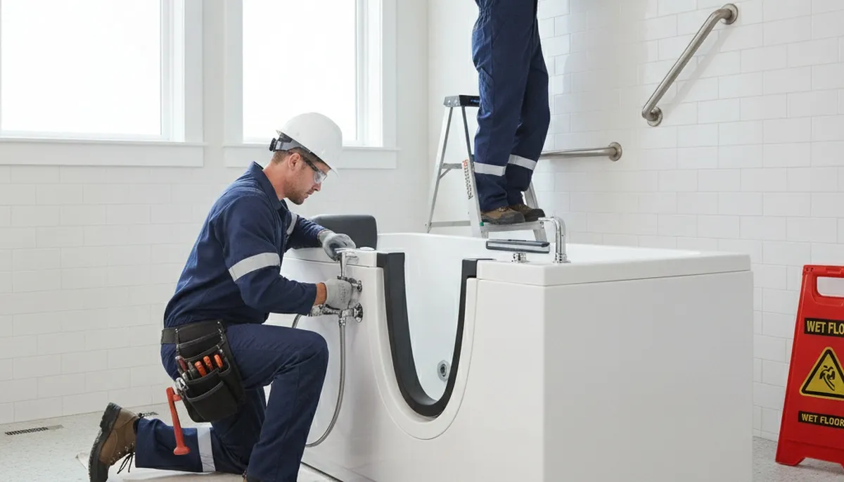 Providence, RI plumber installing a walk-in tub for safer, accessible bathing in a home bathroom