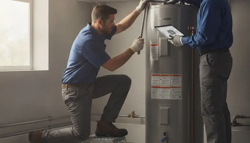Providence, RI plumber repairing a home water heater for reliable hot water service